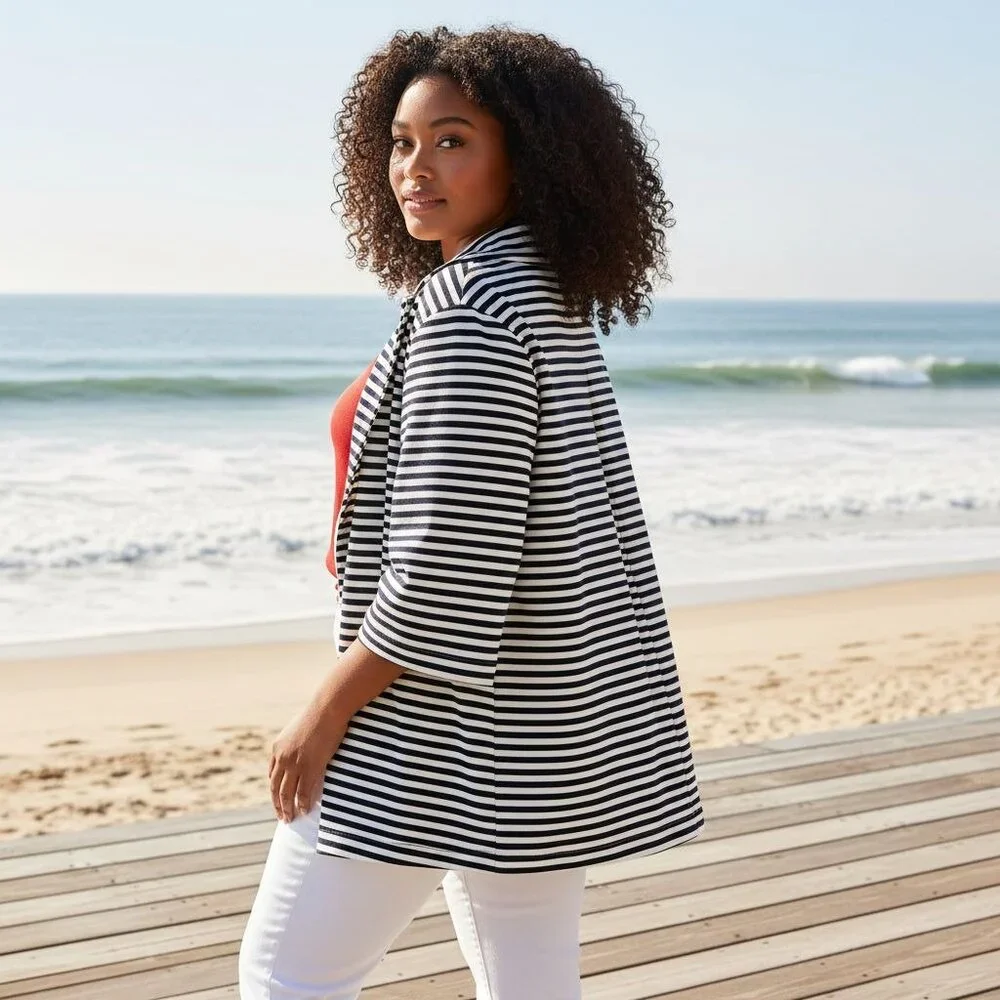 Vintage Pendleton Womens XL Striped Swing Jacket Blazer Navy/White Pleated Back - Picture 3 of 14